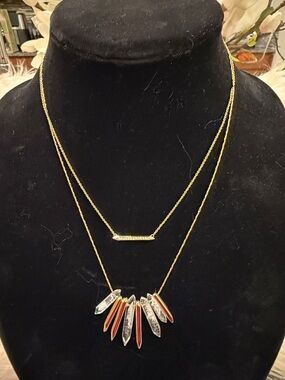 Gold Tone Layered Pendant Necklace with Crystal Accents